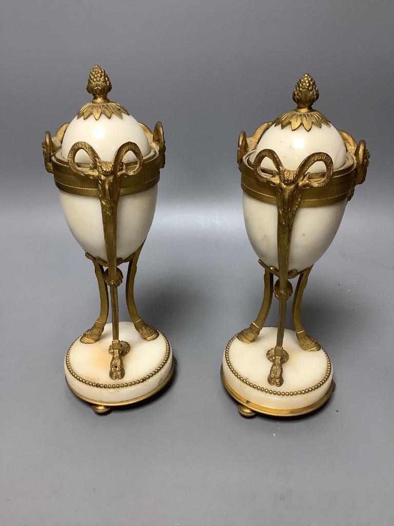 A French ormolu mounted and white marble clock garniture, c.1900, height 40cm